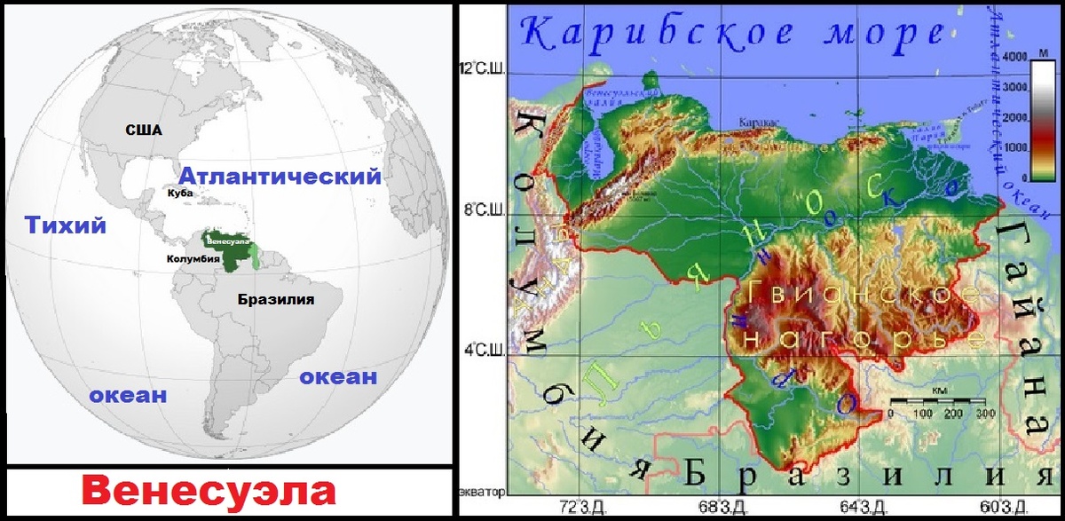 ВЕНЕСУЭЛА. Географическое положение (слева, светло-зелёным выделена территория Гайаны, на которую претендует Венесуэла) и природные зоны (справа). (википедия)