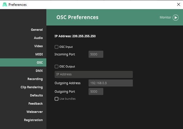 Настройки OSC вы найдете в Arena -> Preferences -> OSC