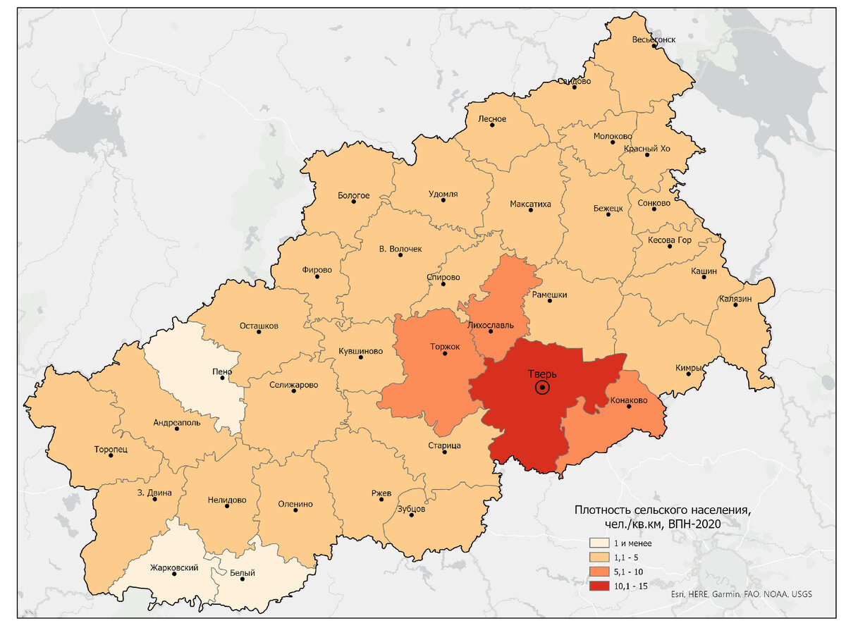 Карта из самой популярной статьи на канале - "Плотность сельского населения Тверской области, по данным переписи 2020" (составлено авторами) 