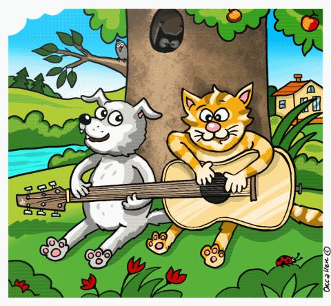 Нашли как-то кот и пёс гитару, да как устроили концерт! Кот одну песню, а пёс тут же другую, кто кого перекричит. 
- Гав-мяу-дрррынь-ауууууууу…. 
Весь лес разбудили! Бодрое вышло утро в лесу!