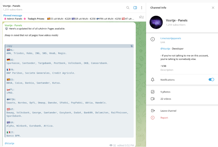 Фишинговый набор, продвигаемый в Telegram. Источник: Resecurity