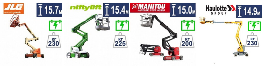 Модели электрических коленчатых подъемников с высотой 15 метров