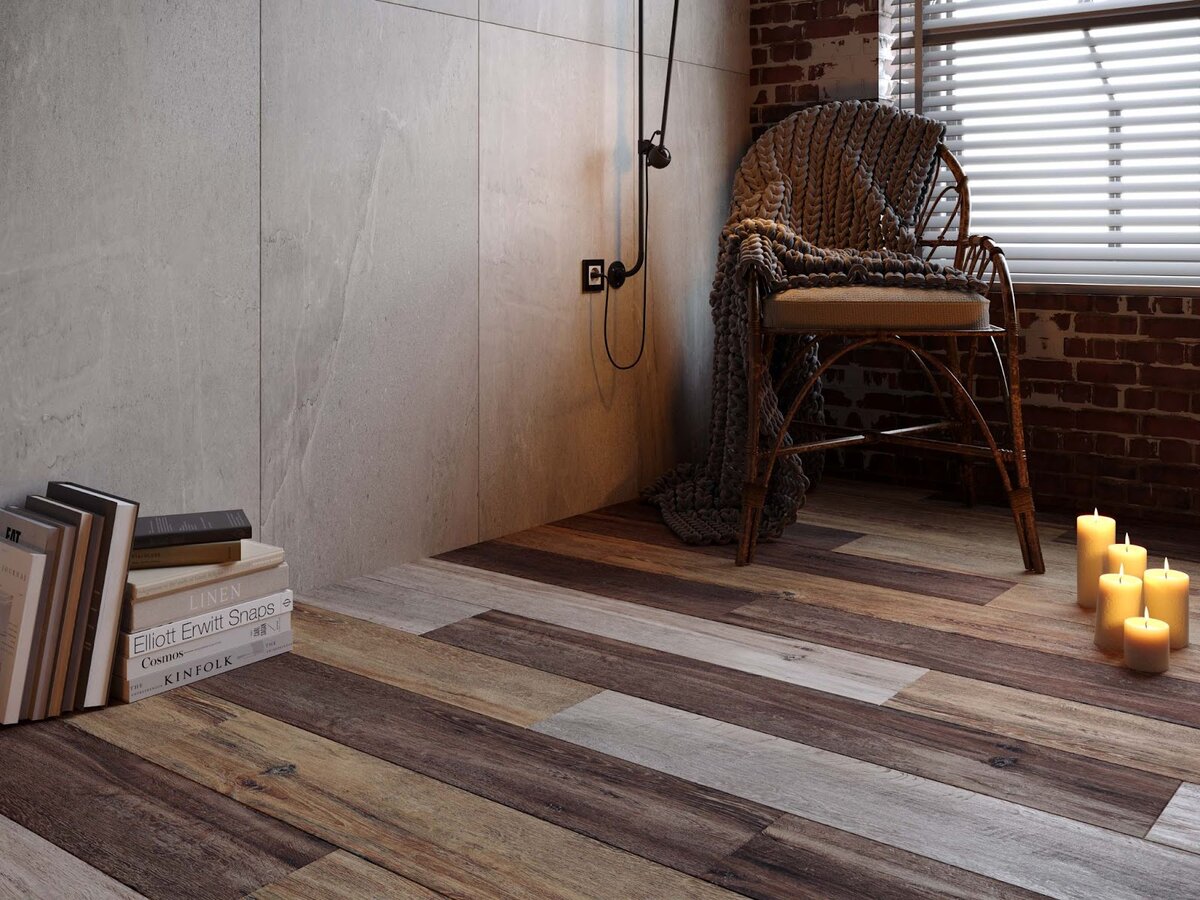 Интерьер спальни с керамогранитом от ™ Estima из коллекции Brigantina. Имитация дерева