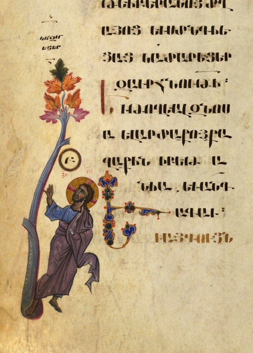 Проклятие смоковницы. Миниатюра Евангелия. Армения, 1262 год. Миниатюрист Торос Рослин.