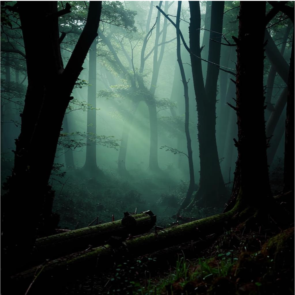 Тёмный и загадочный лес с густыми деревьями, окутанным туманом. 