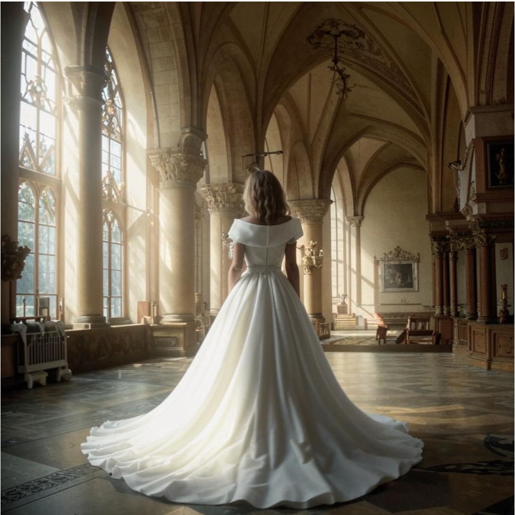 Женщина в белом платье находится в замке,