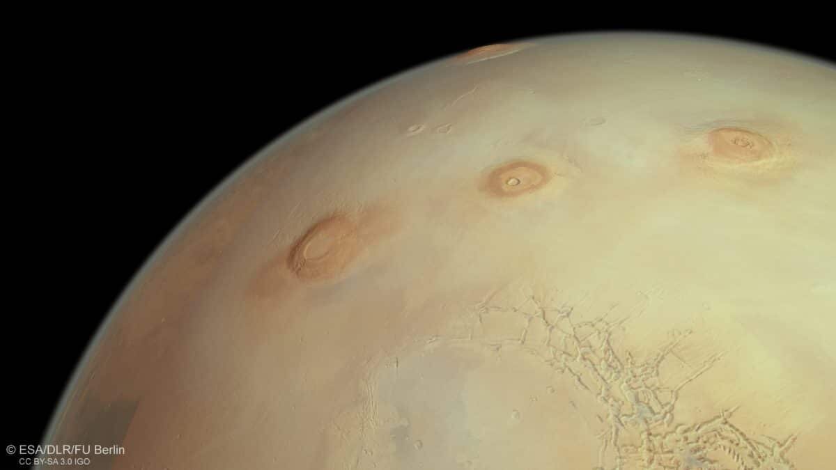    Сгенерированная проекция вулканов Провинции Фарсида, сделанная по данным Mars Express / © ESA, DLR, FU Berlin
