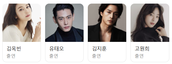 На naver чем не прям много актеров указано. Только основные гаврики. Слева направо: Ё Ми Ран (Ким Ок Бин), Нам Кан Хо (Ю Тэ О), То Вон Чжун (Ким Чжи Хун), Шин На Ын (Го Вон Хи)