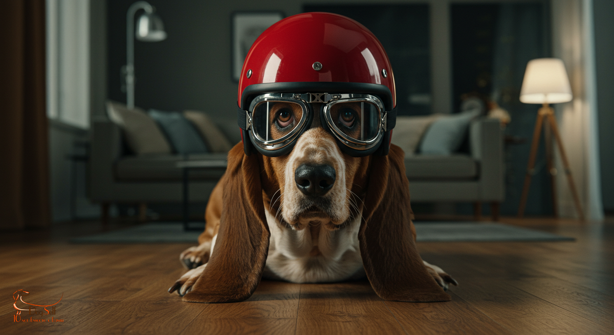 Юмористическая иллюстрация к статье о скорости собак: бассет-хаунд в гоночном шлеме и очках готовится к старту в гостиной. Изображение: DogSelf.