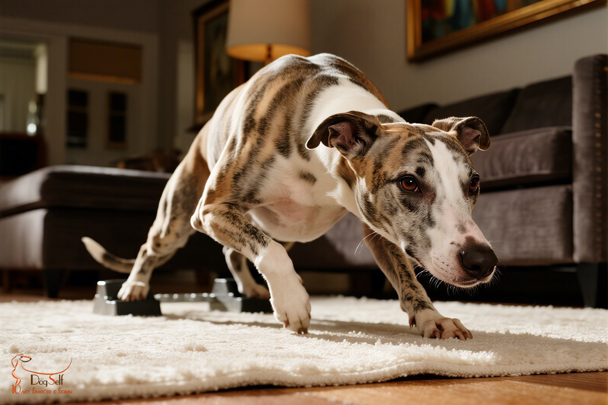 Метафора скорости собаки в домашних условиях: грейхаунд в позе спринтера на низком старте на ковре в квартире. Изображение: DogSelf.