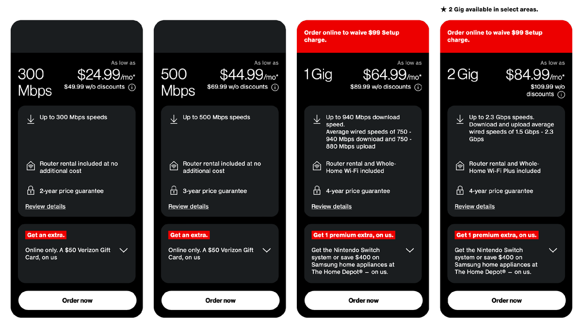 Тарифы на домашний интернет от Verizon