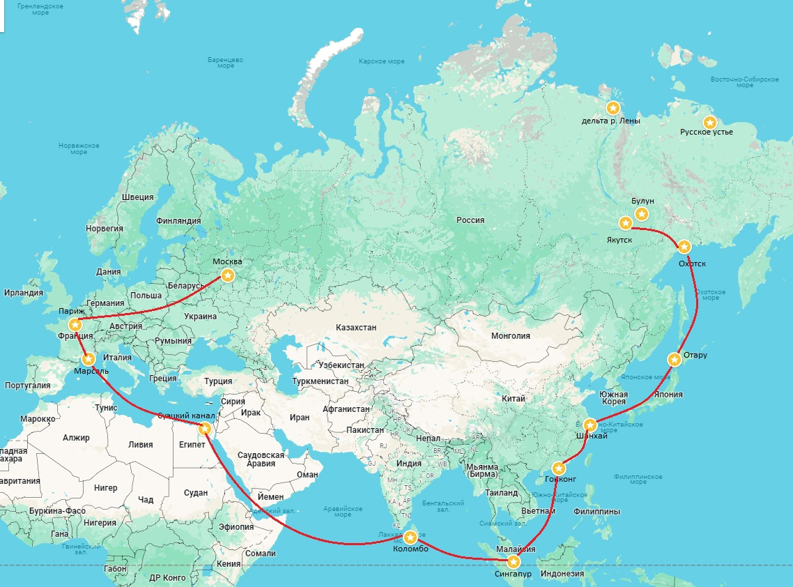 Красными линиями обозначен маршрут побега из Якутска в 1907 году
