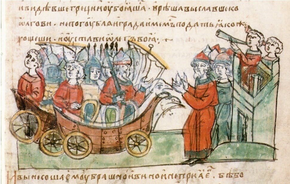 Миниатюра Радзивиловской летописи "Олег и его воины на кораблях с колёсами"