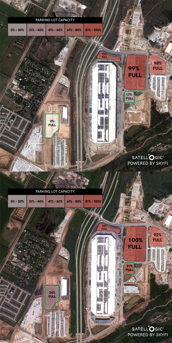 Спутниковые снимки Гигафабрики Тесла. Вверху октябрь 2023, внизу март 2024. 
