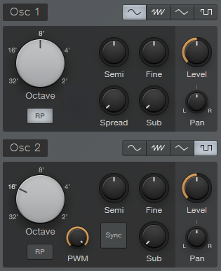 OSC1 и OSC2 для разной формы волны (для квадратной добавляется ручка "PWM")