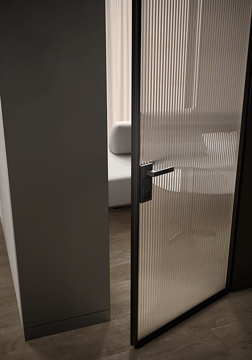 Дверь с рифленым стеклом  в алюминиевом коробе DORIAN.RU