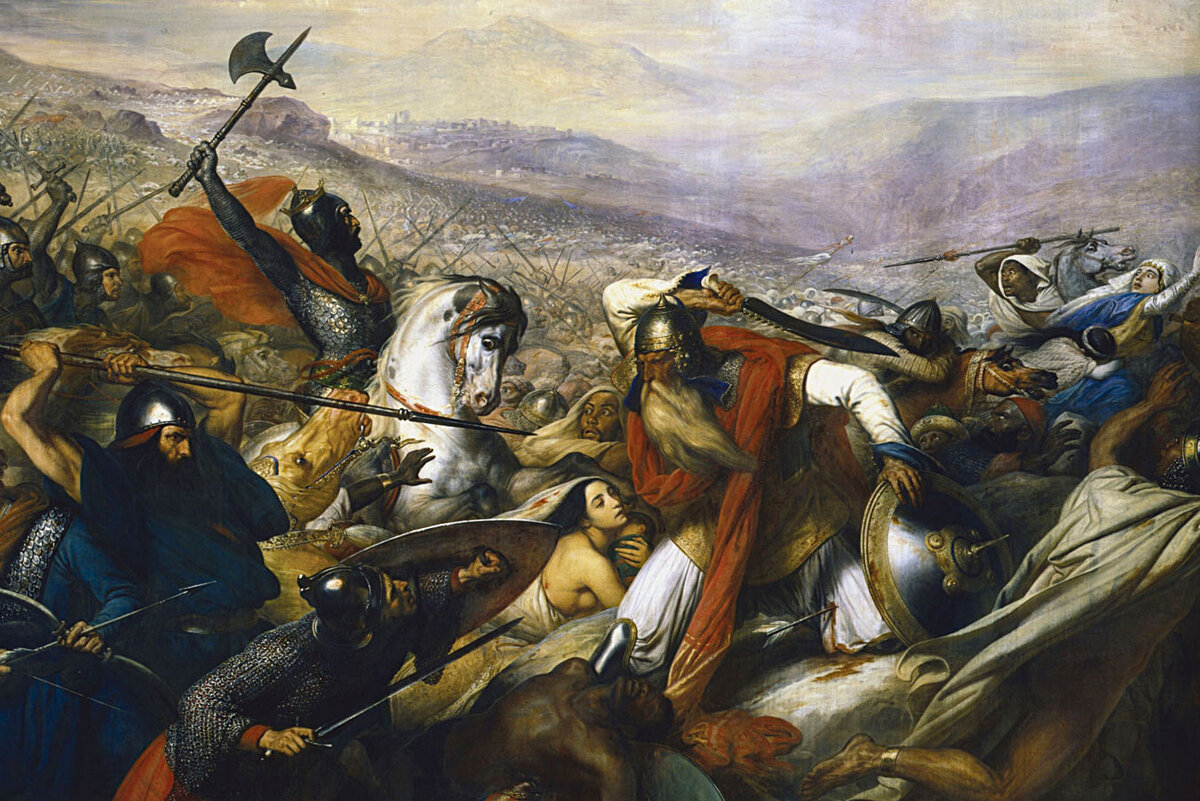 А в 732 году под Пуатье случилась эпическая битва, достойная самого масштабного голливудского блокбастера. Франки во главе с Карлом Мартеллом (прозванным так за могучую силу — «Молот») остановили нашествие мавров на христианскую Европу. Была, как говорится, "Bros before hoes" — «братаны» сплотилась против общего врага. Фрагмент картины «Битва при Пуатье 732 года», Карл Карлович Штейбен, 1837 год