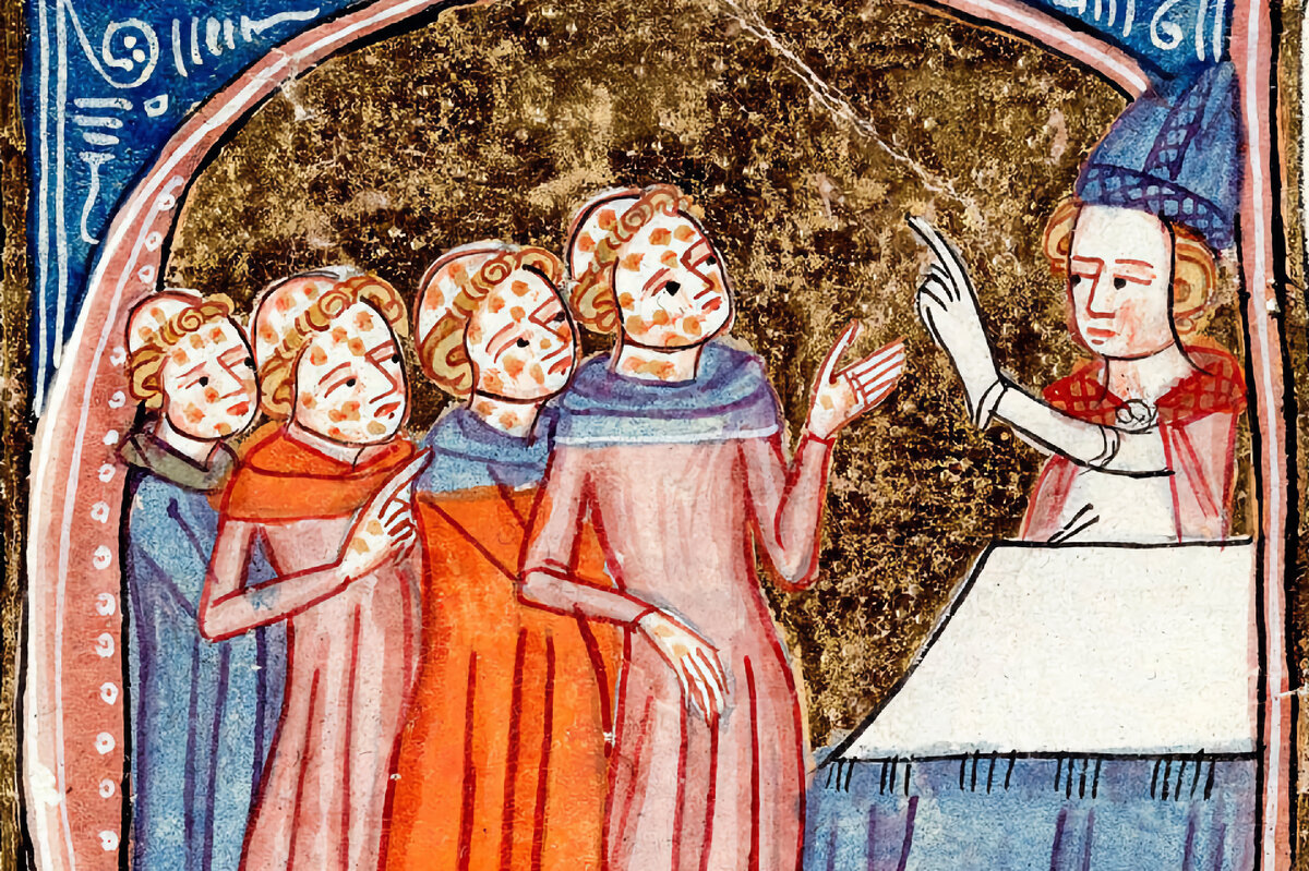 Фрагмент миниатюры «Епископ проповедует прокажённым», Джеймс ле Палмер, 1360–1375  гг.