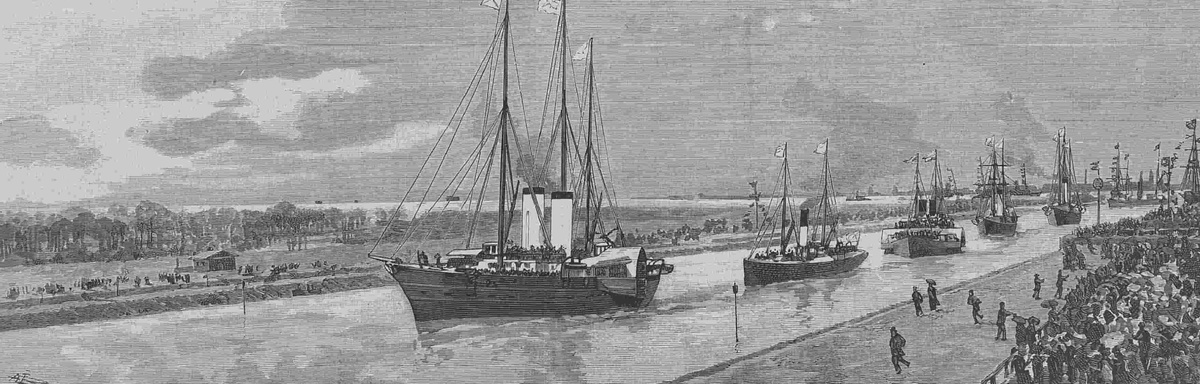 Открытие Морского канала. На переднем плане императорская яхта "Держава" (рисунок из журнала "Всемирная иллюстрация" (1885 г.)