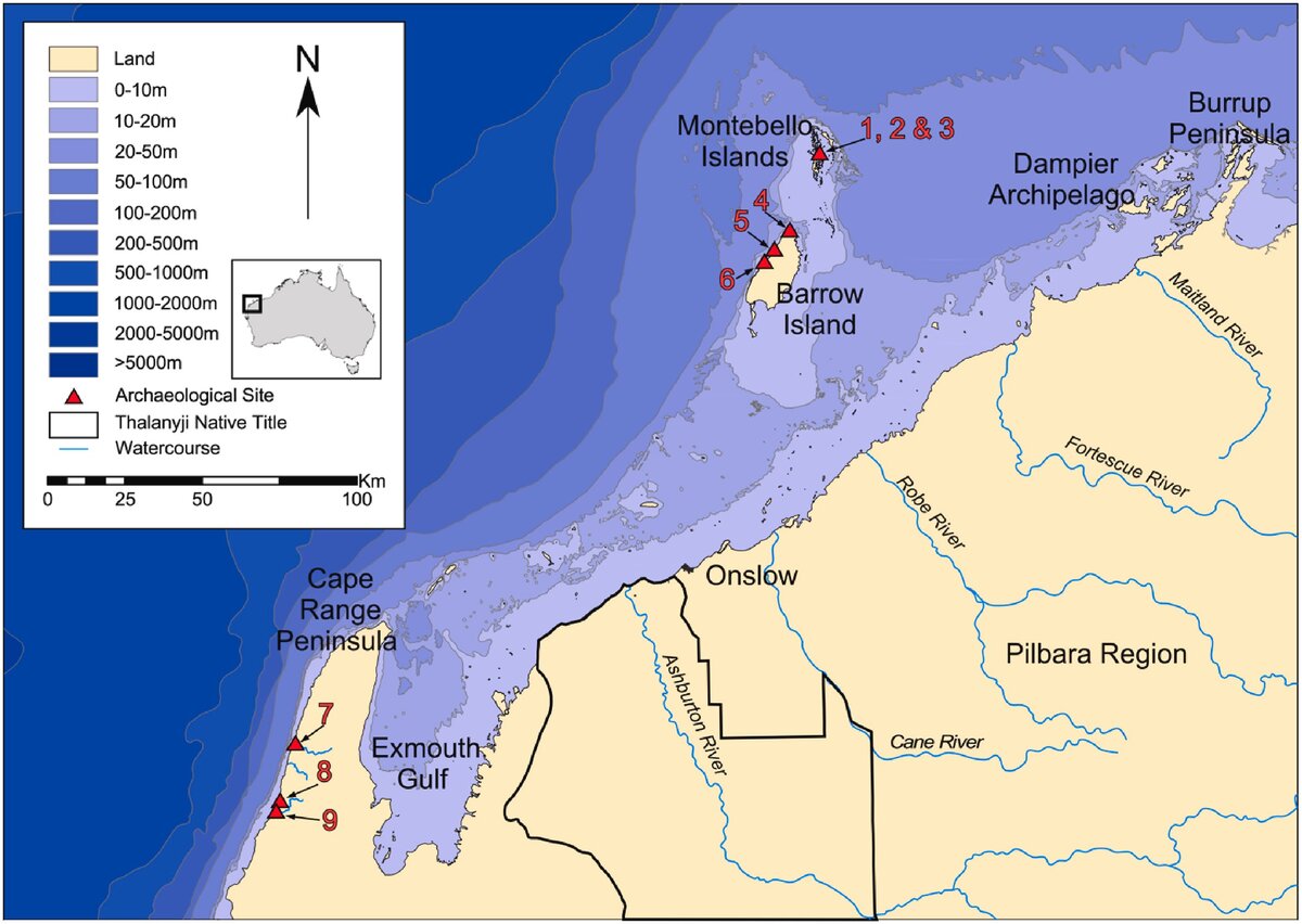 Северо-западный шельф Австралии с обозначением археологических памятников, упоминаемых в статье.