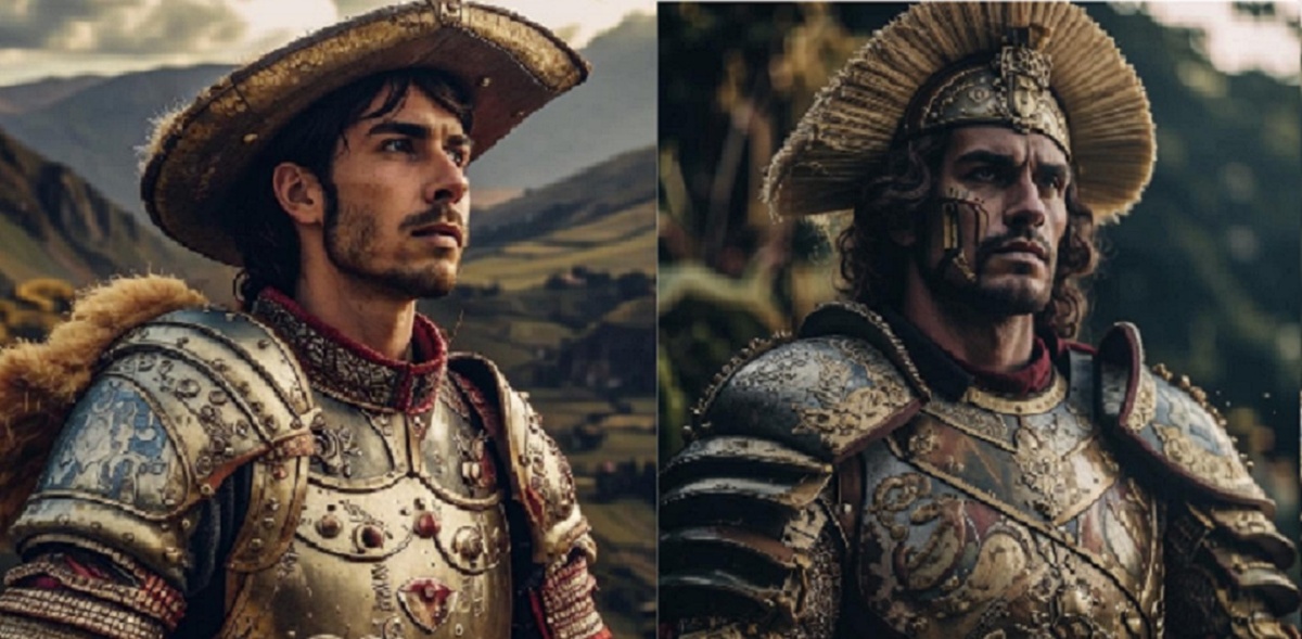А ЗА ЧТО БОРОЛИСЬ?. Испанский конкистадор в Перу (слева) и португальский - в Бразилии (справа). (создано при помощи нейросети Kandinsky)