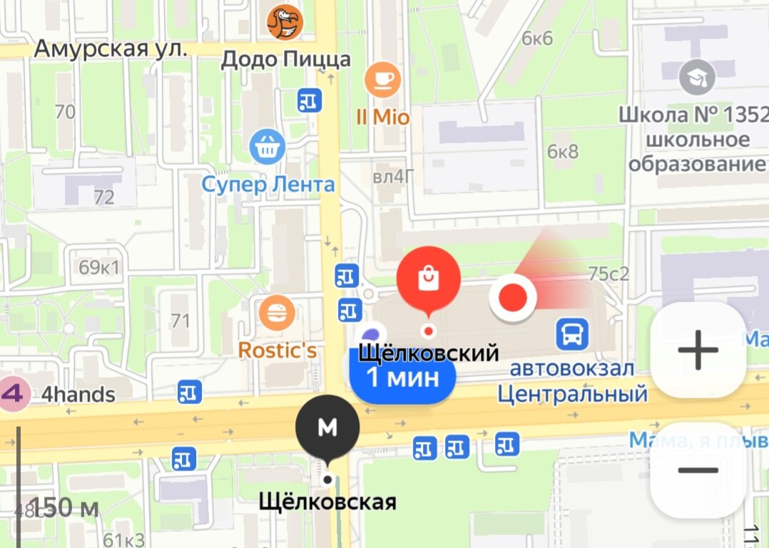 Расположение ТРЦ "Щёлковский" на Яндекс картах