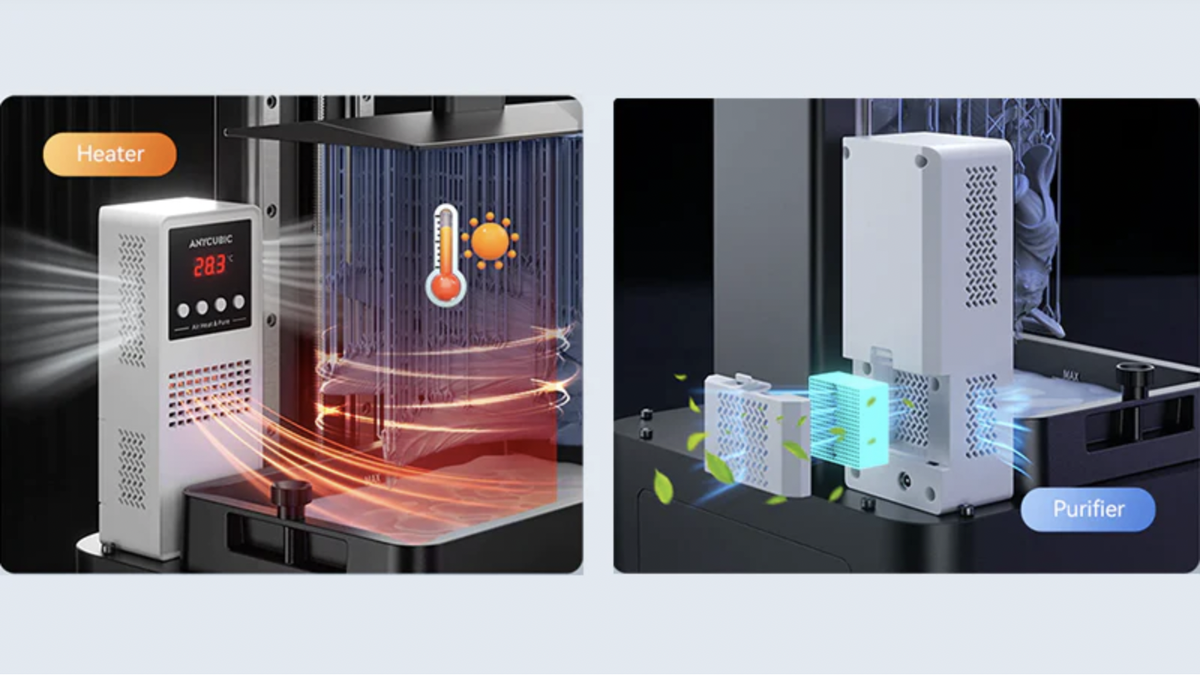 Photon Mono M5s Pro оснащен встроенным нагревателем и очистителем воздуха, что особенно полезно в холодные месяцы. Эти функции поддерживают оптимальную температуру печати (25-30°C), предотвращая проблемы с текучестью и отверждением смолы. Нагреватель способен подогревать воздух до 40°C, обеспечивая стабильность процесса печати и улучшая качество 3D-моделей даже при низких температурах окружающей среды.