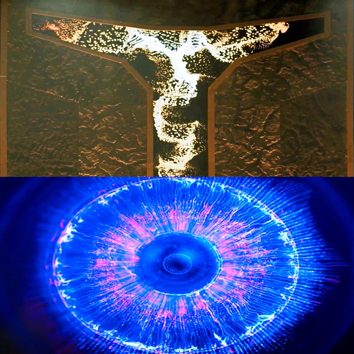 ИИ Тинькофф в шоу "Титаны" (сверху) против корейского Глаза в "100 Атлетах". Здесь и далее в статье скриншоты из видео эфиров "Титанов" и "100 Атлетов" обработке автора канала