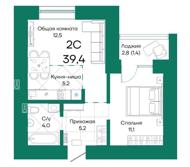 ЖК "Широта". 2-комнатная студия. планировка с сайта застройщика