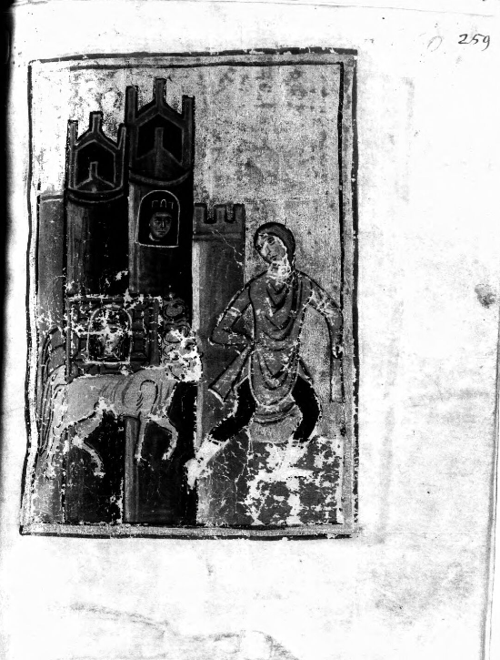 На иллюстрации 11 века Давид, в нетерпении выглядывающий из маленького окошка своего дворца, и Ависага, чьё лицо появляется в дверях носилок, возложенных на быках, которых ведёт слуга (Греческая рукопись 1335 г. с текстом Евсевия Кесарийского)