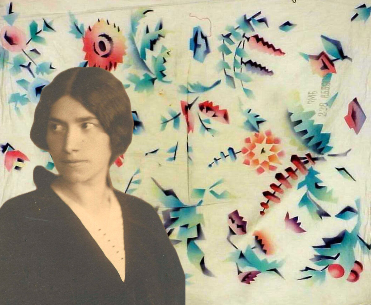 Коллаж из фото Людмилы 1910-х годов и  образца ткани для фабрики «Товарищество Прохоровской Трехгорной мануфактуры» 1910-х годов