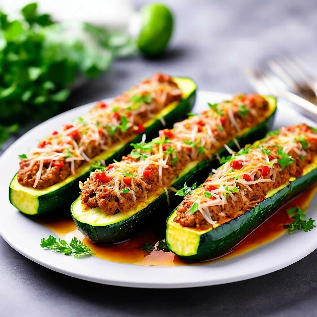 Лодочки из кабачков с аппетитным сочным мясным фаршем и томатами, сверху посыпаны сыром и свежей зеленью