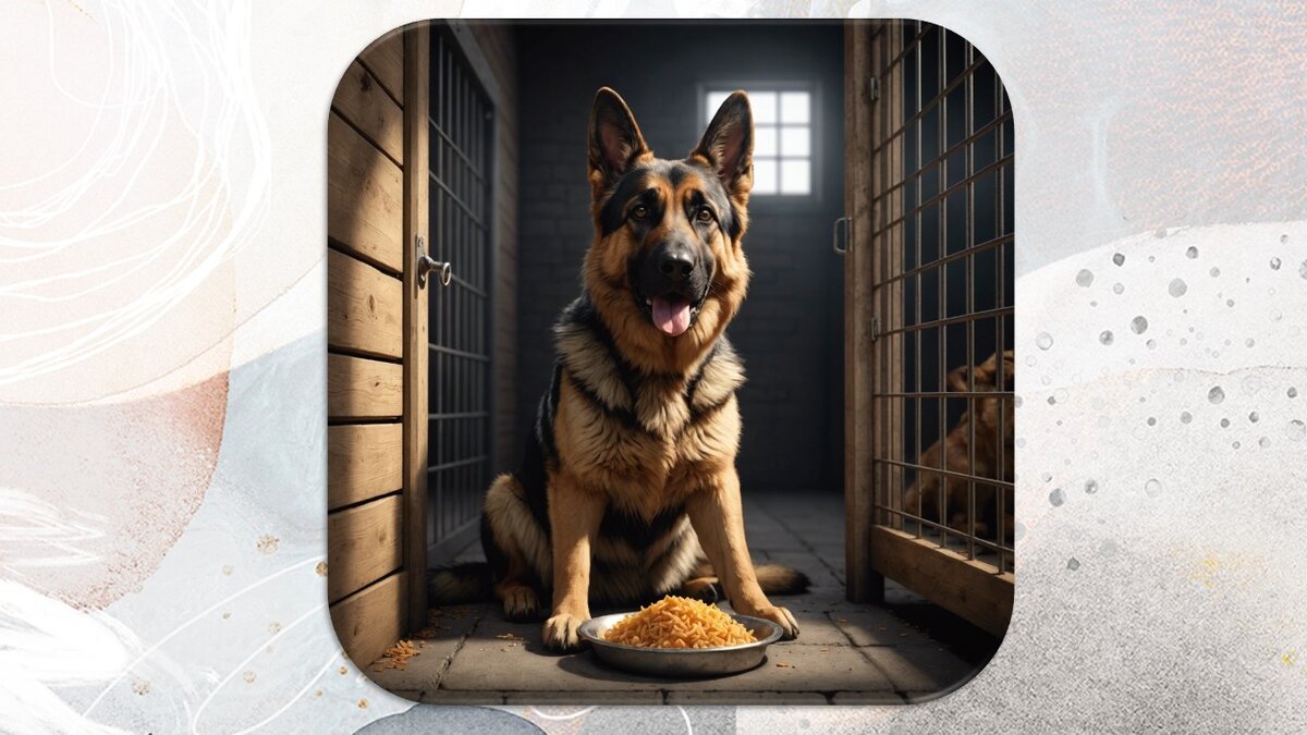 Немецкая овчарка с миской еды