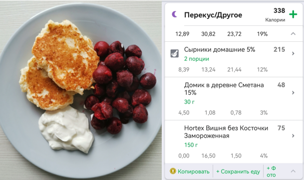 Сырники внесла в книгу рецептов в приложении (так как рецепт всегда одинаковый0 и теперь просто выбираю количество порций – сильно упрощает процесс расчета