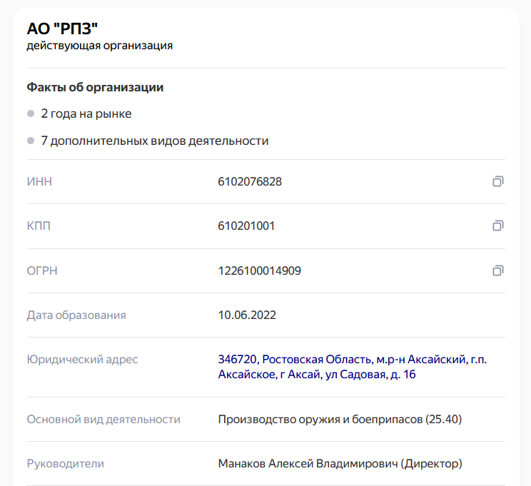 Скрин данных о действующем предприятии, которого фактически нет