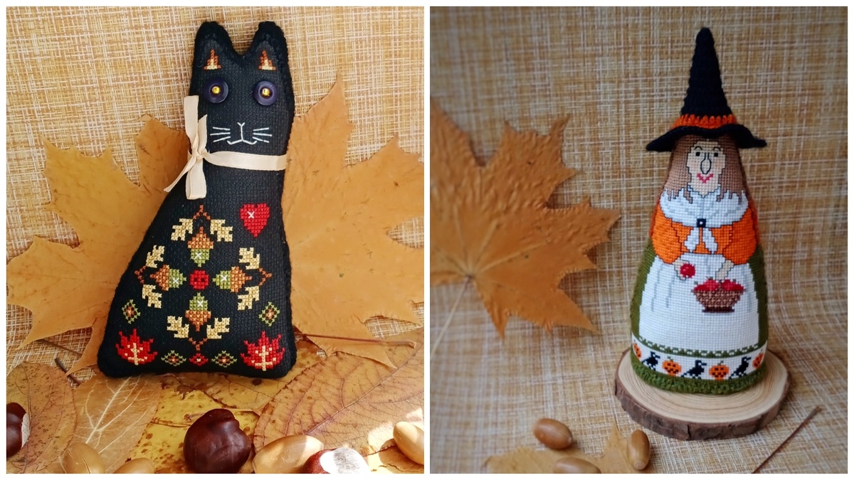 слева – игрушка-кошка, вышивка по авторской схеме Евдокии Николаевой (Punochka) из журнала Just Cross Stitch за октябрь 2019 г.; справа – ведьма с яблоком из серии Bewitching Trio, The Needle's Notion