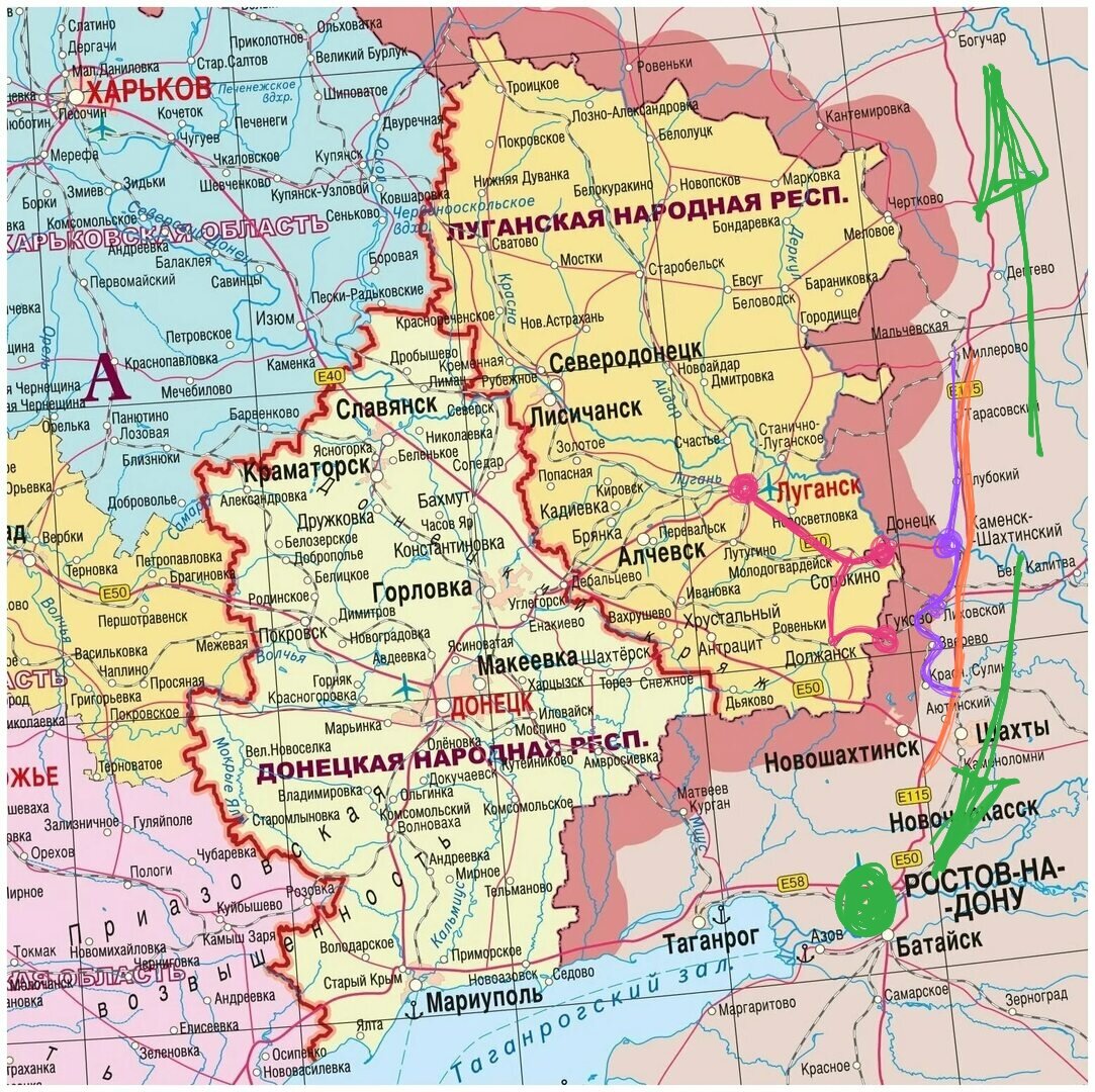 Розовым навела маршрут из Луганска до КПП. Фиолетовым - железнодорожная линия. Оранжевым - М4. Зелёная стрелка вниз - направление на Ростов-на-Дону, стрелка вверх - направление на Москву.