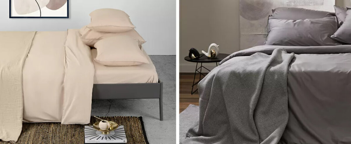 Из одного и того же материала — хлопка — можно получить совершенно разные по фактуре ткани. Слева — комплект из перкаля, справа — из сатина.