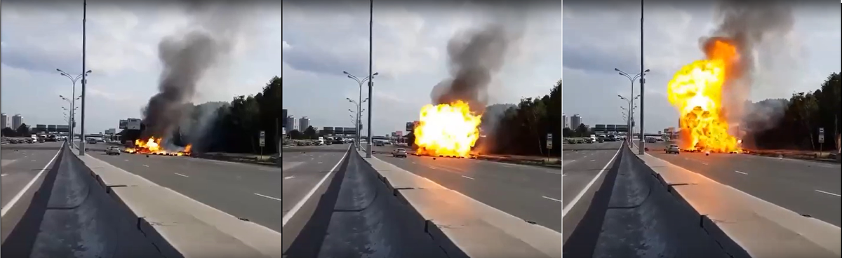 Это взрываются батареи автомобиля Тесла на МКАДе, на мину не налетела, в неё никто не стрелял, дроном не подбивали. Советую посмотреть видео целиком https://youtu.be/vsClX3Pb5xw