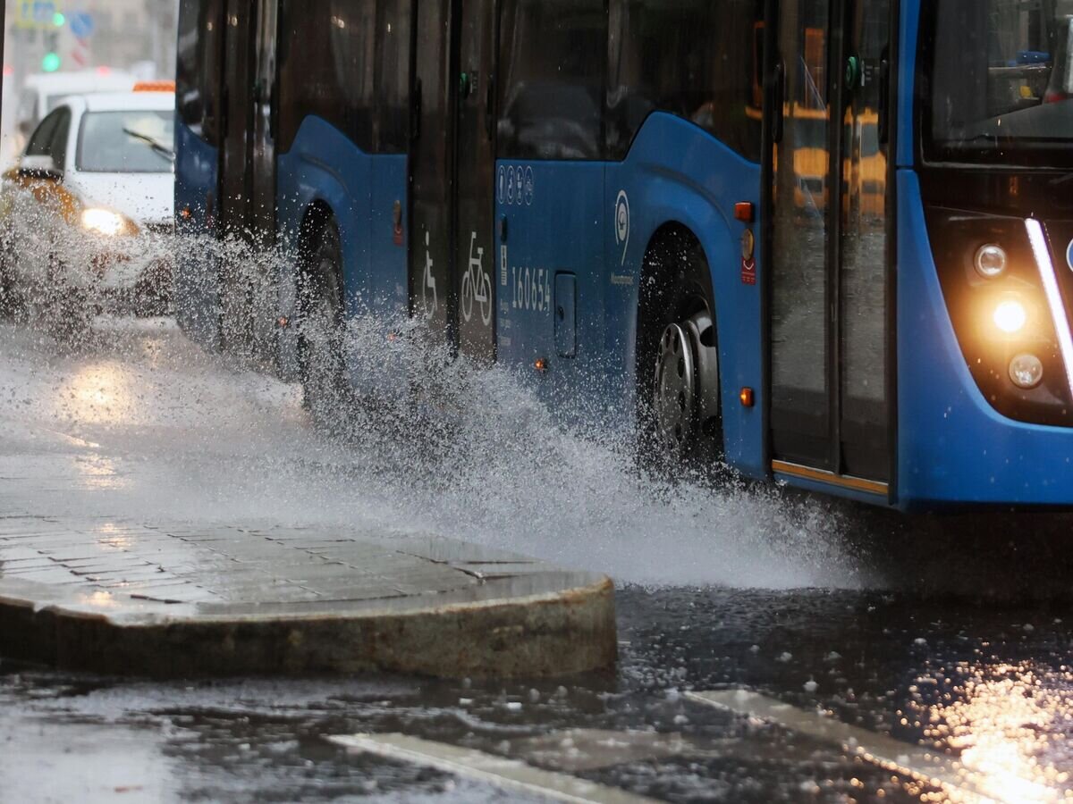    Автобус движется по проезжей части дороги во время дождя в центре Москвы© РИА Новости / Виталий Белоусов