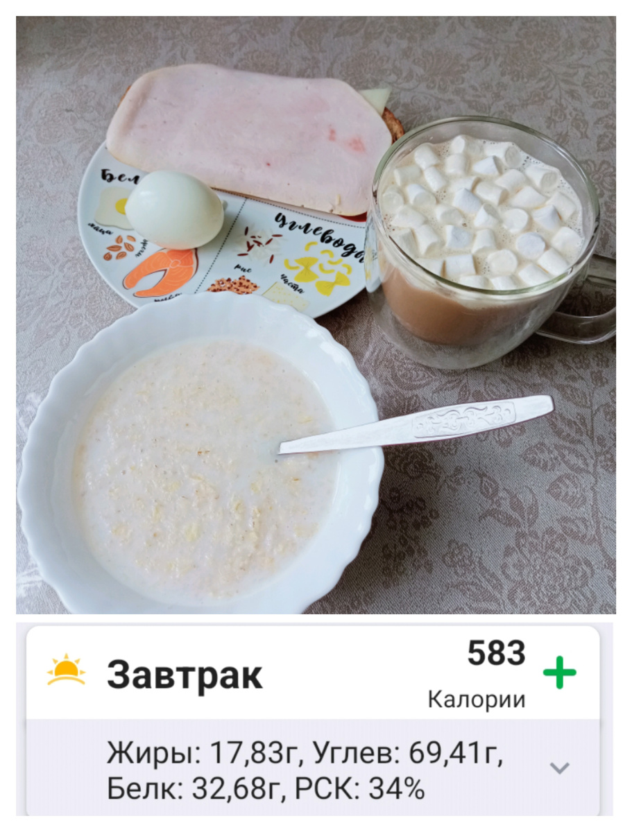 До завтрака дотерпела, правда был он ранним, я всю ночь хотела есть, но сдержалась. Тут овсянка с безлактозным 1,5% молоком, хлеб зерновой с ветчиной из индейки и сыром 16%, яйцо и мой любимый кофе с молоком.