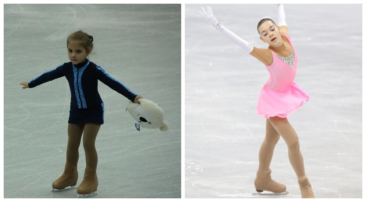 Аделина Сотникова в детстве (слева) и на Гран-при 2010 в Китае фото sportsmedal.ru