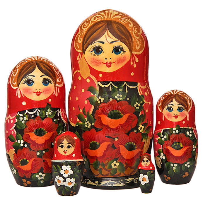 Матрешка 5 мест 17 см, традиционная роспись - цветы.