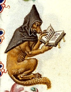 Лиса в монашеском шапероне читает книгу, маргиналия из Часослова ок. 1460 г.