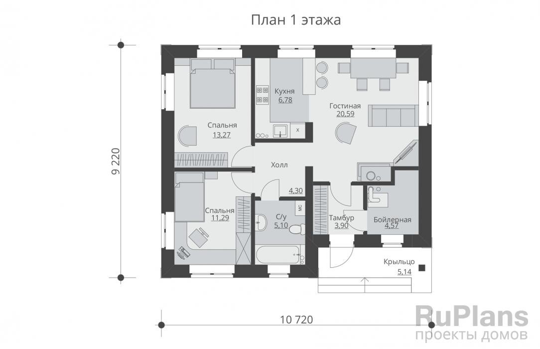 Тамбур - 3,90 м2 Кухня - 6,78 м2 Гостиная - 20,59 м2 Спальня - 13,27 м2 Спальня - 11,29 м2 С/у - 5,10 м2 Бойлерная - 4,57 м2 Холл - 4,30 м2