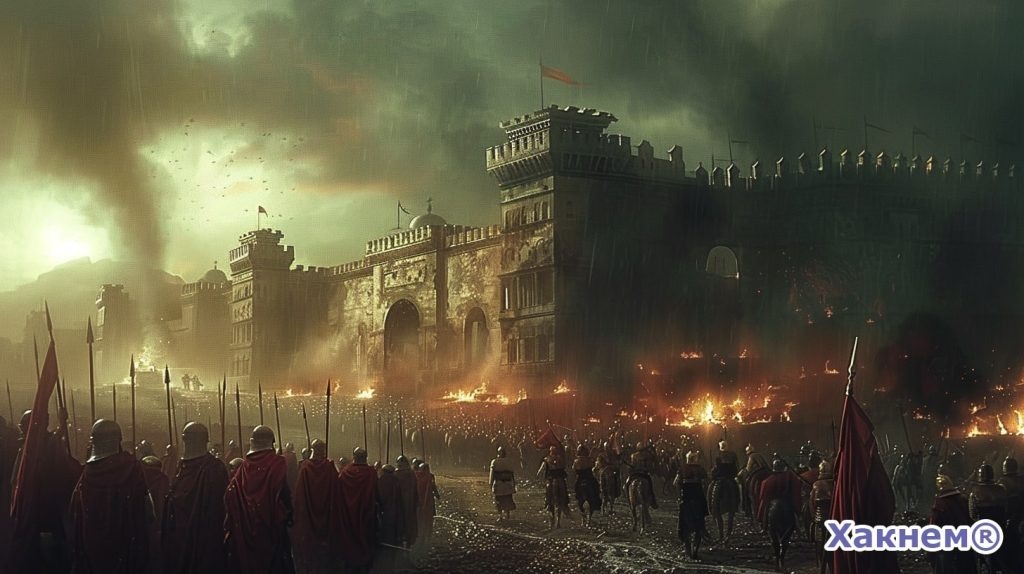 Римские легионы атакуют укреплённый город в ночи.