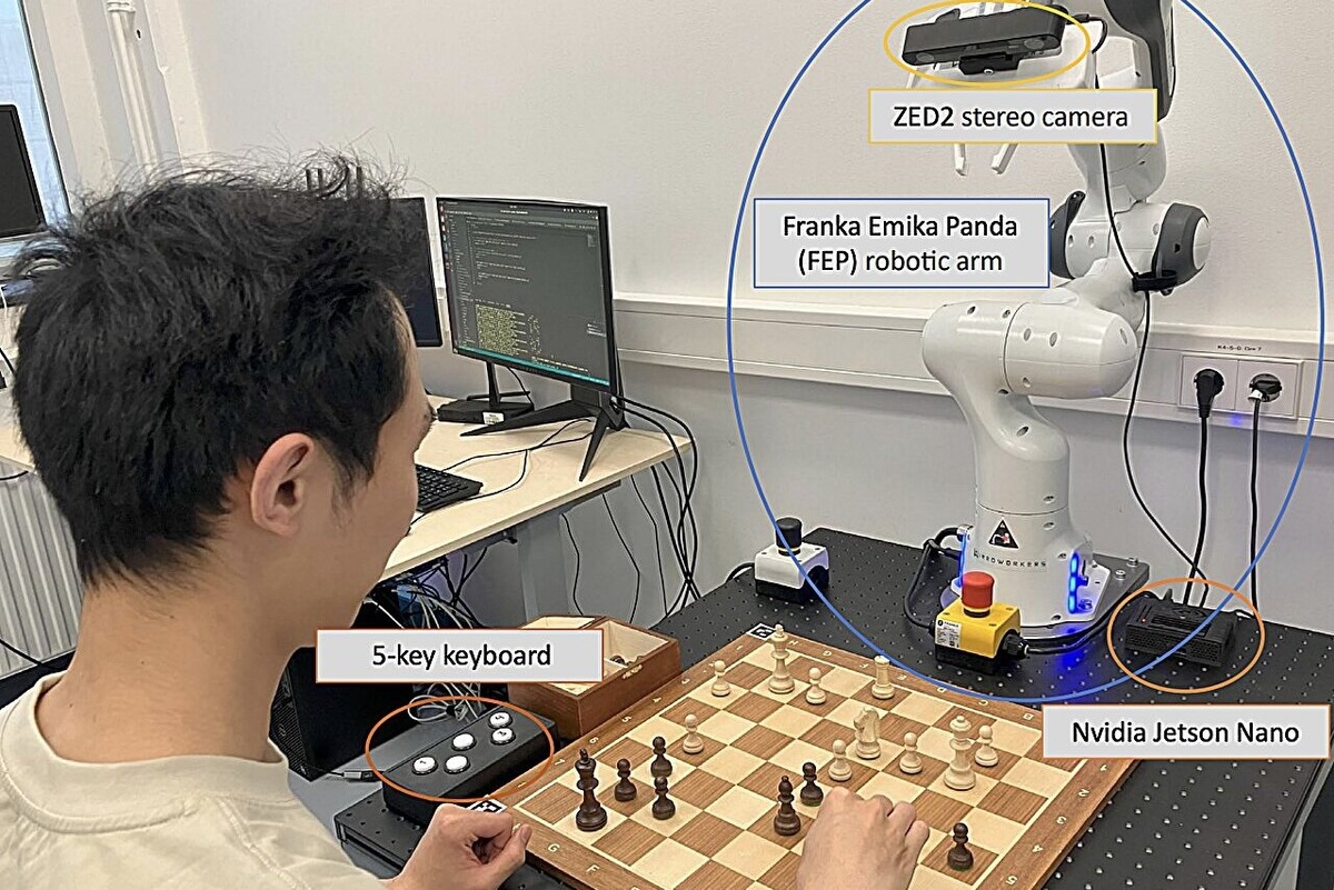     Робот играет в шахматы обычными фигурами и комментирует ходы словами и жестами