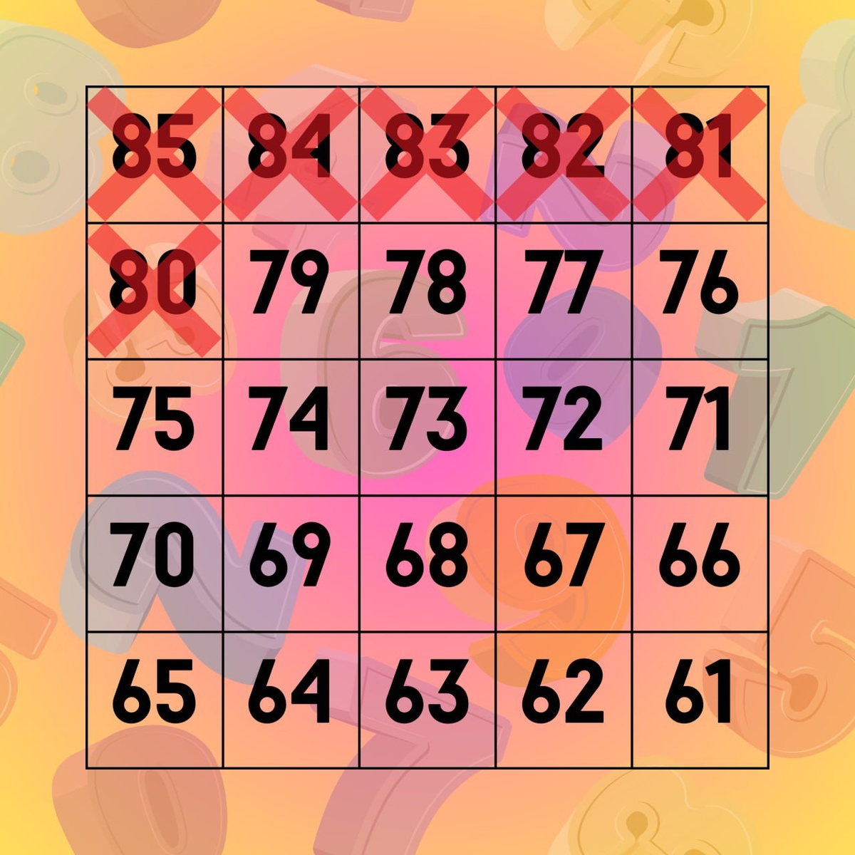 Это моё бинго похудения. Когда мой вес перестает начинаться на очередное число, я его вычеркиваю