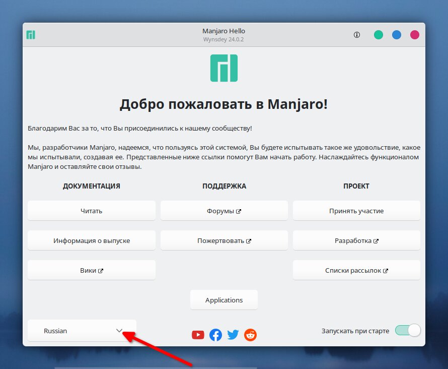 Приветственное окно, где вы выбираете дальнейшие языковые установки