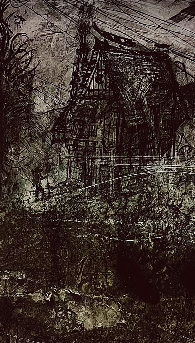 Черный силуэт таинственного человека. Он стоит у входа в заброшенный дом в тёмном лесу, теряющемся во мраке. Его фигура, лишь тёмный силуэт, выглядит как призрак из прошлого, окружённого загадками и тайной. Тусклый свет пробивается сквозь окна, освещая лишь контур фигуры и создавая атмосферу загадочности и ужаса. Разбросанные обломки и затерянные предметы вокруг напоминают о прошлом этого места, дополняя ауру древности и тайны, живущей в этом старом заброшенном доме.